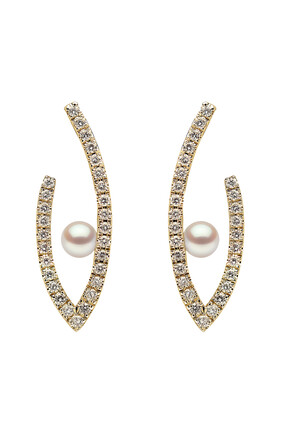 Sleek Oval Earrings, 18k Yellow Gold with Akoya Pearls & Diamonds